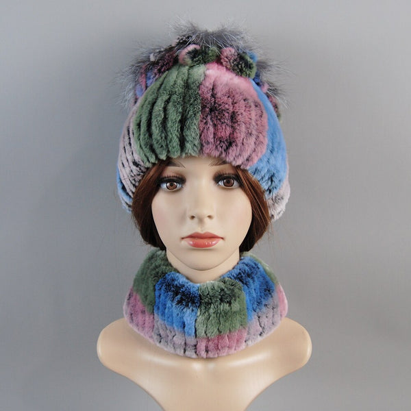 ClamantaBeauty  0 Rose/Bleu Bonnet et écharpe en fourrure