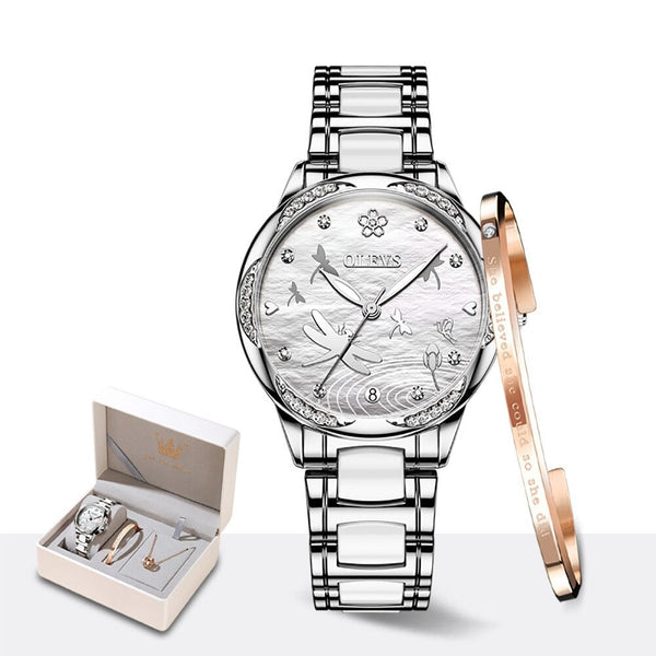 ClamantaBeauty  Argent Coffre montre mécanique bracelet céramique pour femmes
