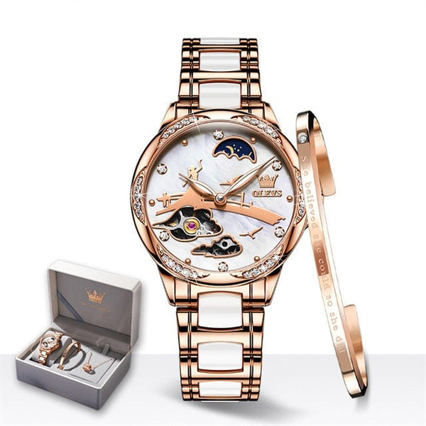 ClamantaBeauty  Blanc Montre mécanique bracelet en céramique élégant pour femmes