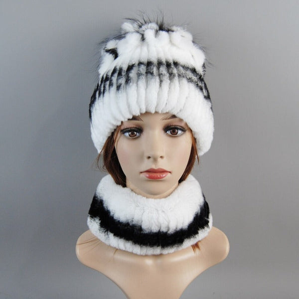 ClamantaBeauty  Blanc/Noir Chapeau et écharpe en fourrure