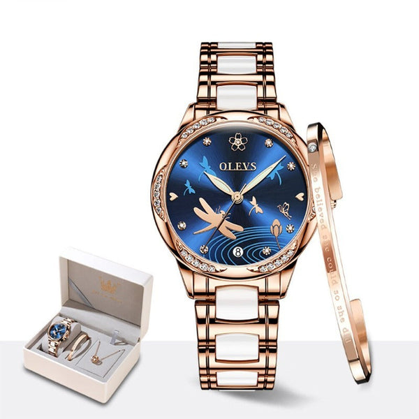 ClamantaBeauty  Bleu Coffre montre mécanique bracelet céramique pour femmes