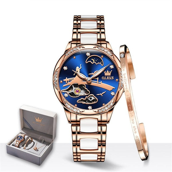 ClamantaBeauty  Bleu Montre mécanique bracelet en céramique élégant pour femmes