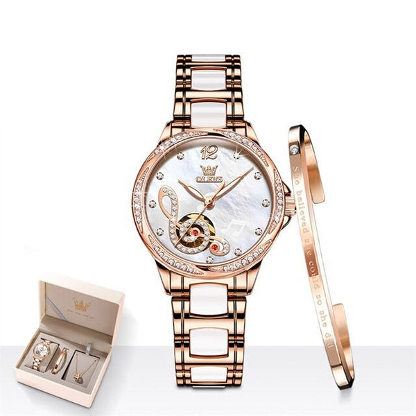 ClamantaBeauty Coffret 3pcs Blanc Coffret Montre mécanique luxueuse pour femmes