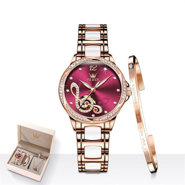 ClamantaBeauty Coffret 3pcs Rouge Coffret Montre mécanique luxueuse pour femmes
