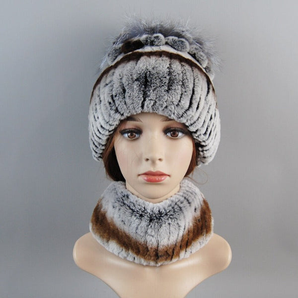 ClamantaBeauty  Marron/Gris Chapeau et écharpe en fourrure