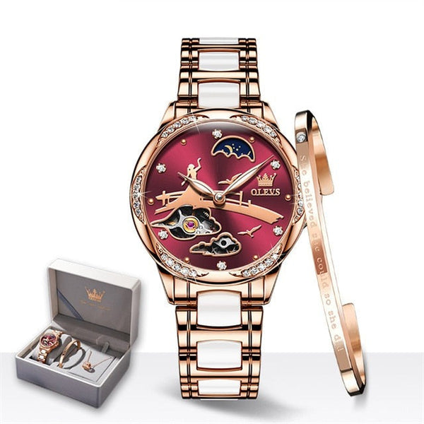 ClamantaBeauty  Rose Montre mécanique bracelet en céramique élégant pour femmes