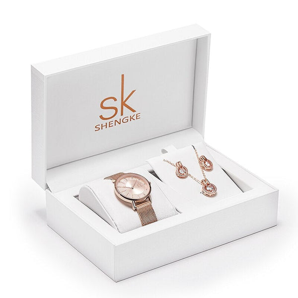 ClamantaBeauty  Rose/Or Coffret montre à Quartz élégant avec collier