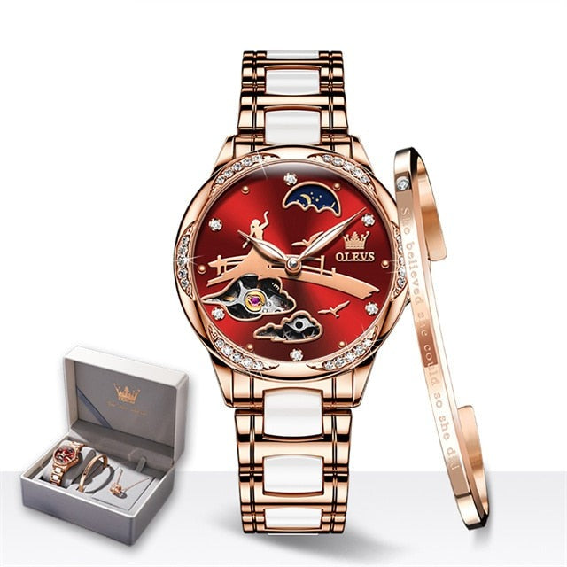 ClamantaBeauty  Rouge Montre mécanique bracelet en céramique élégant pour femmes