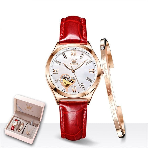 ClamantaBeauty  Rouge Montre mécanique Bracelet en cuir 3pcs